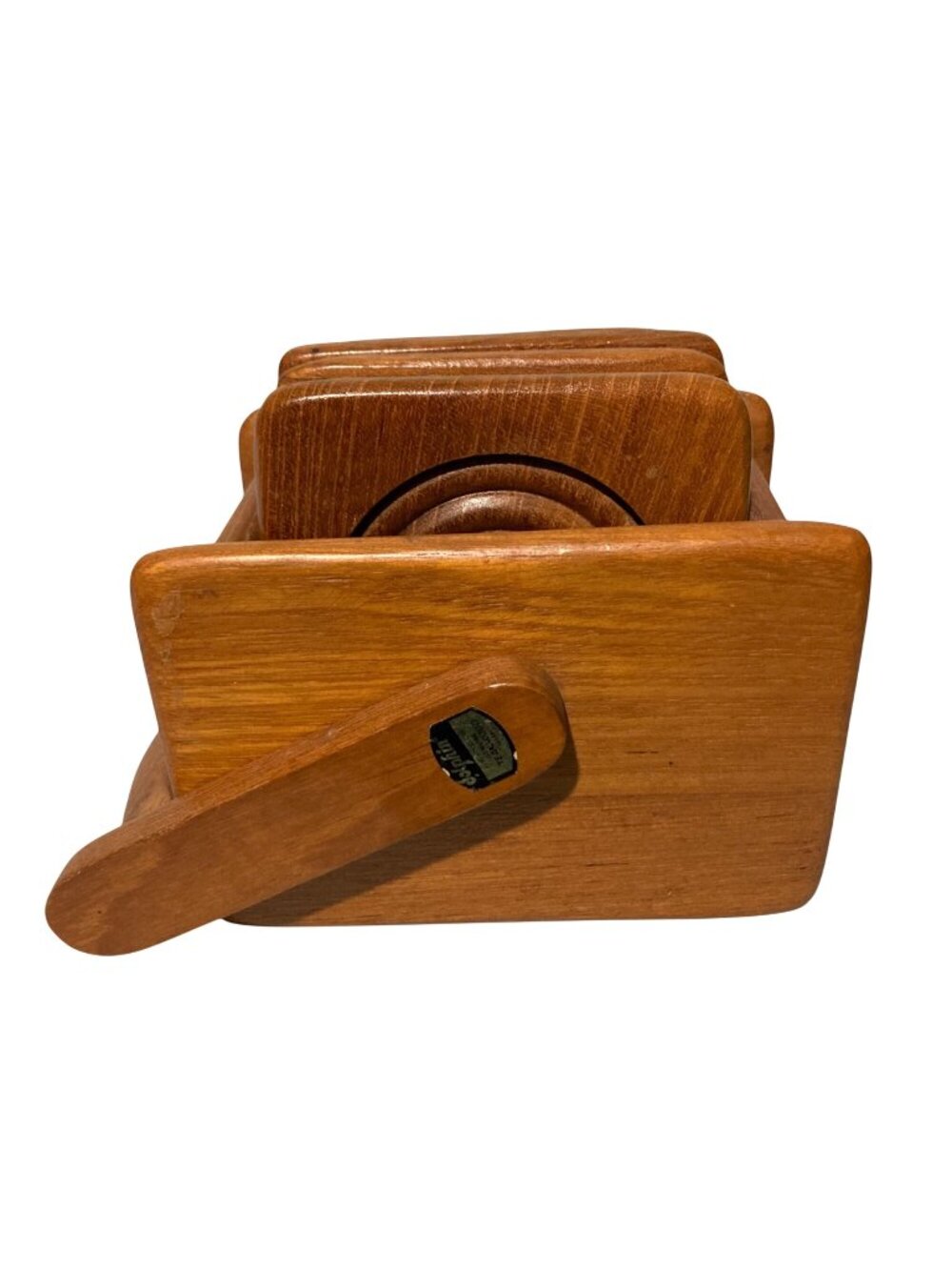 Vintage Mid-Century Modern Teak Coaster Set With Holder And 6 Coasters